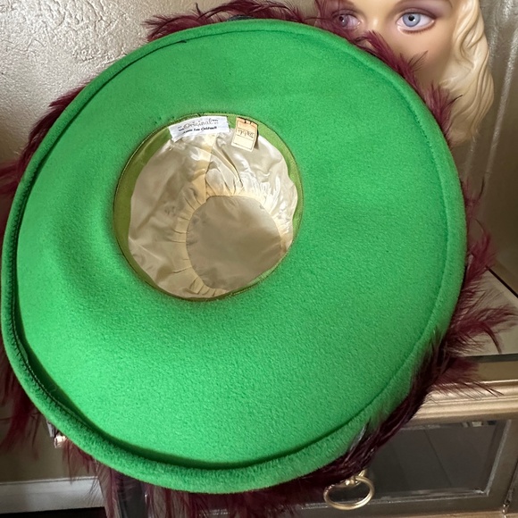 DAZZLING 1970s\' MAGENTA/SEA GREEN FELT WIDE BRIM HAT + RHINESTONES + FEATHERS